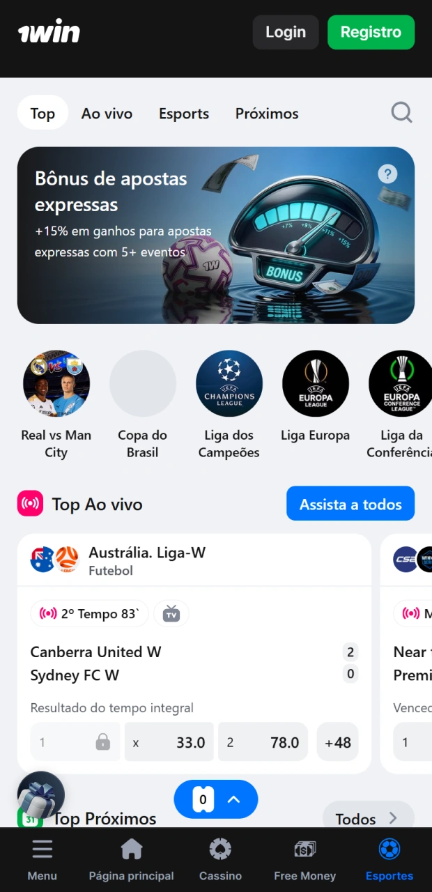Acesso rápido a apostas esportivas antes da partida e em tempo real no aplicativo 1win.