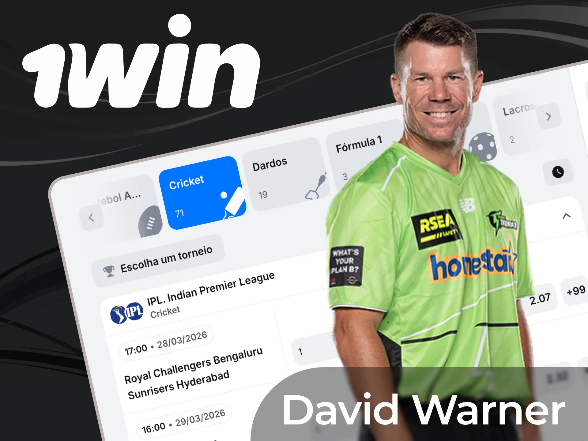 Faça suas apostas em David Warner nas partidas de críquete da 1win.